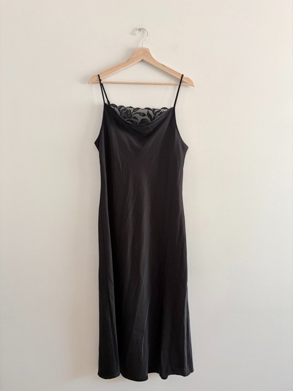 La Vie En Rose Satin Midi Slip Nightgown Dress Lace Rose Black Size Large - Picture 3 of 6